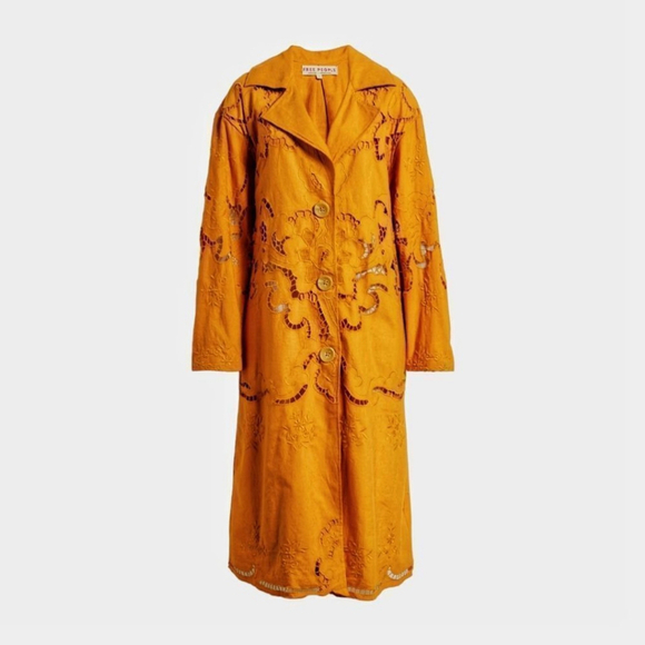 Free People Eyelet Linen Susanna Autumn Marigold Duster Jacket XS NWOT - Picture 1 of 15